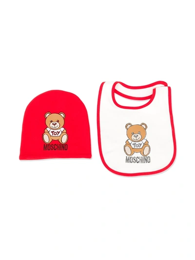 Moschino Babies' Knitted Logo Beanie Hat And Bib Set In White