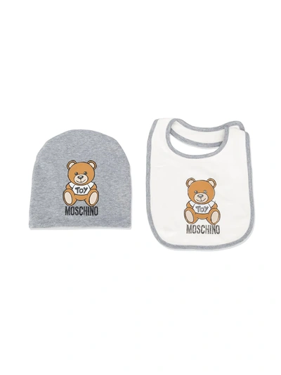 Moschino Babies' Teddy Bear Bib And Hat Set In Grey