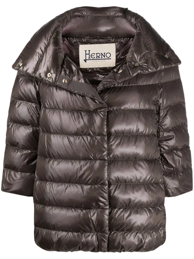 Herno Three-quarter Sleeve Puffer Jacket In Brown