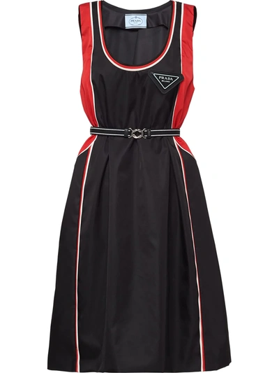 Prada Logo Plaque Belted Flared Dress In Nero Lacca Nero