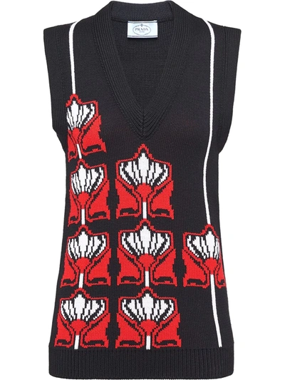 Prada Intarsia V-neck Knitted Vest In Black