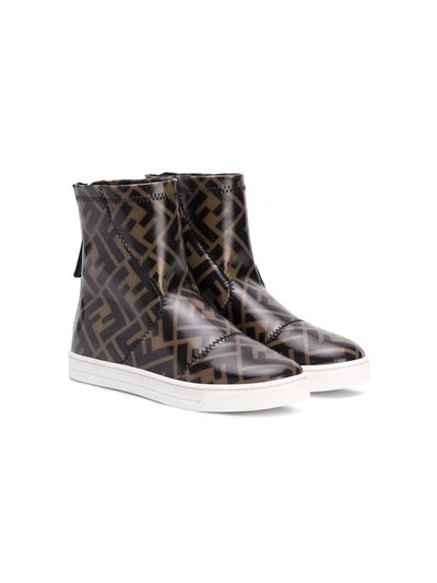 Fendi Kids' Zip-up Ff-logo Print Booties In Brown