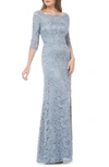 Js Collections Lace Column Gown In Soft Blue