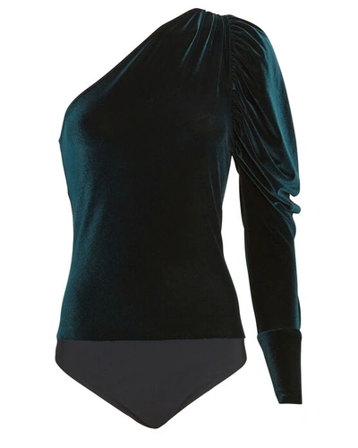 Alix Nyc Dakota One-shoulder Velvet Bodysuit In Blue-drk