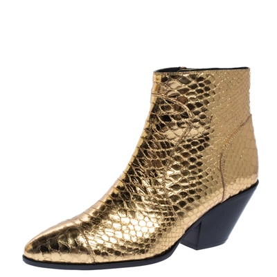 Pre-owned Giuseppe Zanotti Metallic Gold Python Embossed Leather Ankle Boots Size 37