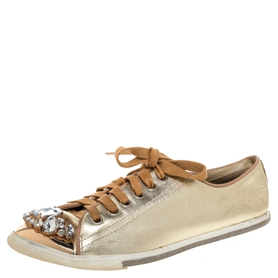 Pre-owned Miu Miu Gold Leather Crystal Embellished Cap Toe Sneakers Size 38