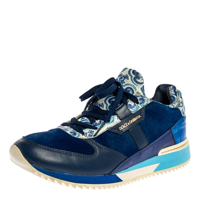 Pre-owned Dolce & Gabbana Blue/white Majolica Print Leather And Pony Hair Platform Trainers Size 38.5