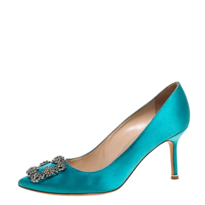 Pre-owned Manolo Blahnik Blue Satin Hangisi Crystal Embellished Pointed Toe Pumps Size 38