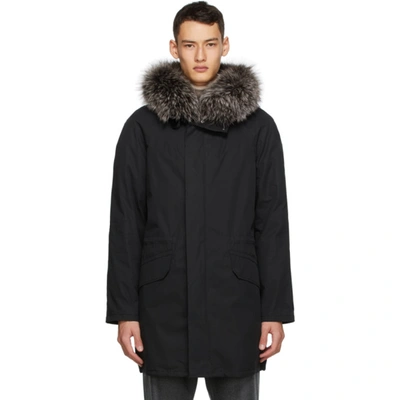 Yves Salomon Black Down & Fur Coat In B2342 Black