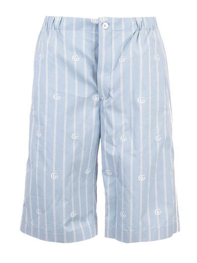 Gucci Striped Gg Shorts In Light Blue And Ivory