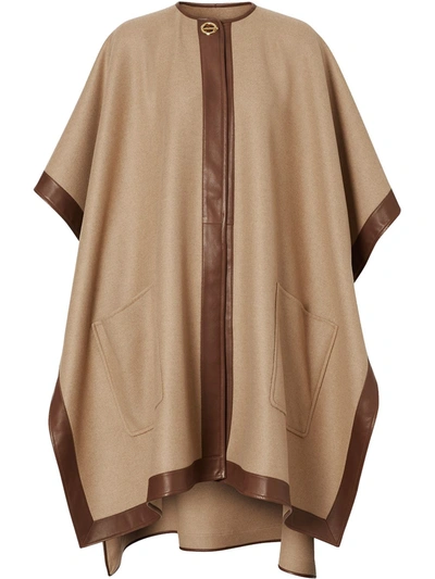 Burberry Pyecombe Leather Trim Cashmere Cape In Brown