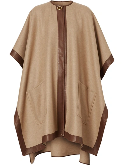 Burberry Pyecombe Leather Trim Cashmere Cape In Neutrals