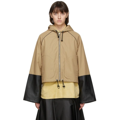 Loewe Hooded Leather-paneled Cotton-canvas Jacket In Brown