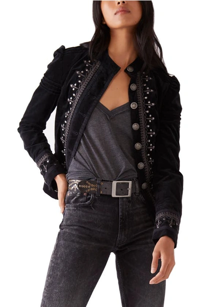 Free People Maven Black Embroidered Stretch-velvet Jacket