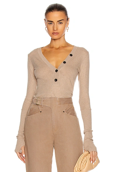 Enza Costa Cashmere Long Sleeve Cuffed Henley Top In Khaki