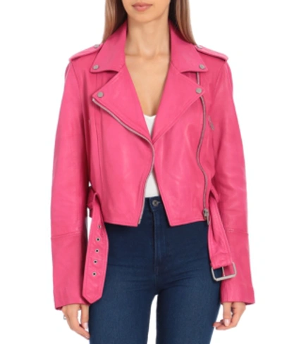 Avec Les Filles Cropped Leather Moto Jacket In Hot Pink