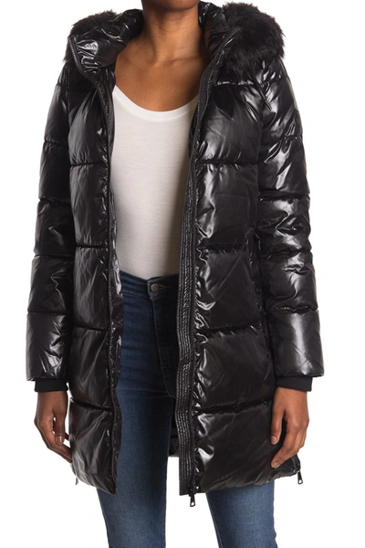 Dkny Puffer With Faux Fur Trim Hood In Forest