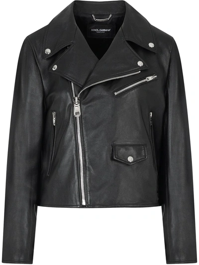 Dolce & Gabbana Belted Leather Biker Jacket In Black