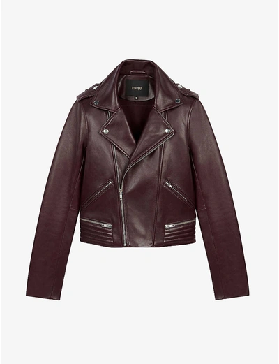 Maje Basalti Leather Biker Jacket In Dark+burgundy