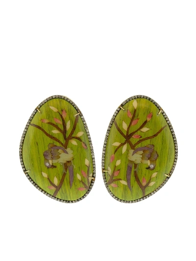 Silvia Furmanovich 18kt Gold Diamond Bird Marquetry Earrings In Green
