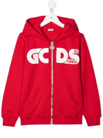 Gcds Teen Logo Print Zip-up Hoodie In Red