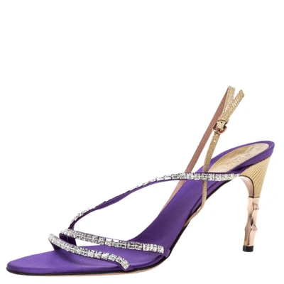 Pre-owned Gucci Purple Satin And Lizard Crystal Embellished Bamboo Heel Slingback Sandals Size 41