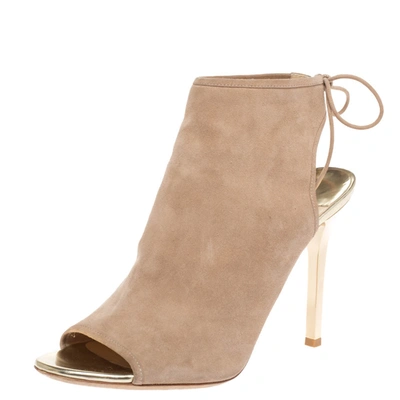 Pre-owned Jimmy Choo Beige Suede Leather Froze Peep Toe And Slingback Lace Up Ankle Booties Size 39.5
