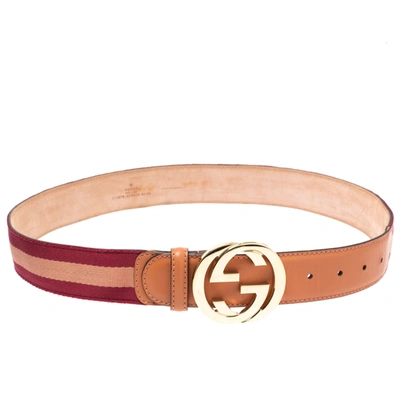 Pre-owned Gucci Pink Web Canvas And Leather Interlocking G Buckle Belt 85cm