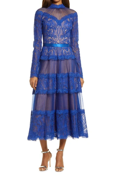 Tadashi Shoji Long Sleeve Illusion Neck Lace Midi Dress In Cobalt