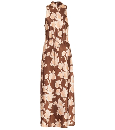 Vince Brown Floral-print Satin Midi Dress In Amber