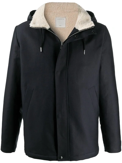 Sandro Deck Jacket Cotton Faux Fur Lined Coat In Blue