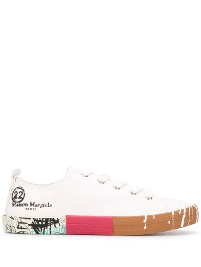 Maison Margiela Distressed Printed Canvas Sneakers In White