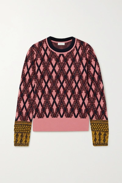 Dries Van Noten Embroidered Metallic Argyle Knitted Sweater In Pink