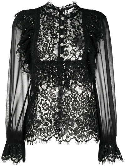 Self-portrait Crystal-button Cotton-blend Lace Blouse In Black