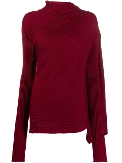 Marques' Almeida Asymmetric Draped Ribbed Wool Sweater In Burgundy