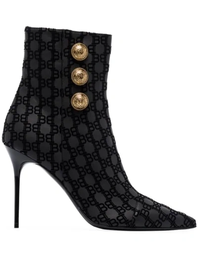 Balmain Roni Ankle Boots In Logo Leather In Black