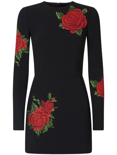 Dolce & Gabbana Cross-stitch Embroidery Silk Dress In Nero