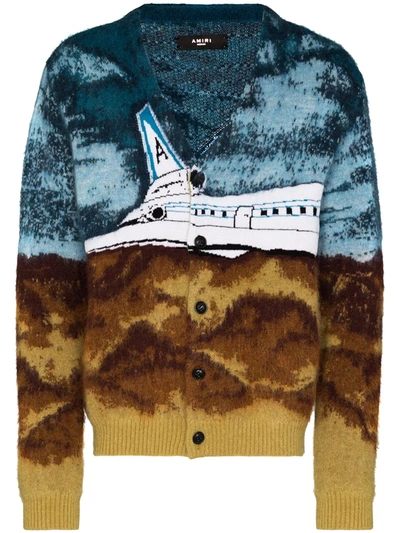 Amiri Aeroplane-intarsia Mohair-blend Cardigan In Blue