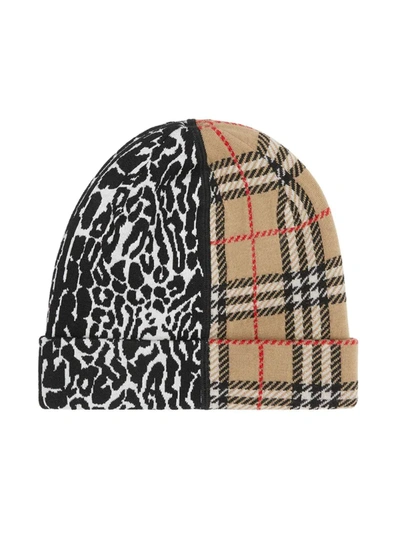 Burberry Kids' Jacquard Tartan With Leopard Print Insert Hat In Beige