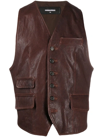Dsquared2 Leather Button-front Waistcoat In Brown