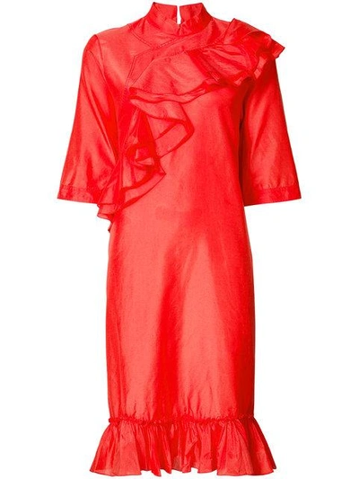 Tome Mandarin Collar Ruffle Dress - Red