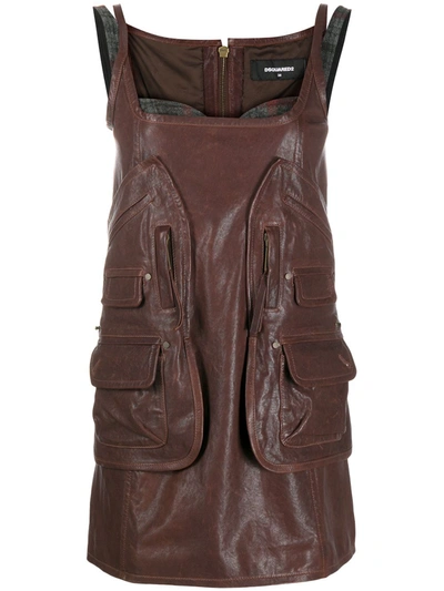 Dsquared2 Check Details Lambskin Short Dress In Brown