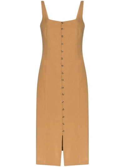 St Agni Ghita Cotton-linen Button-front Midi Dress In Brown