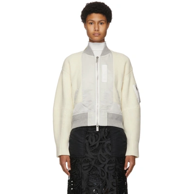 Sacai Off-white Nylon & Wool Bomber Sweater In 151 Off Whi