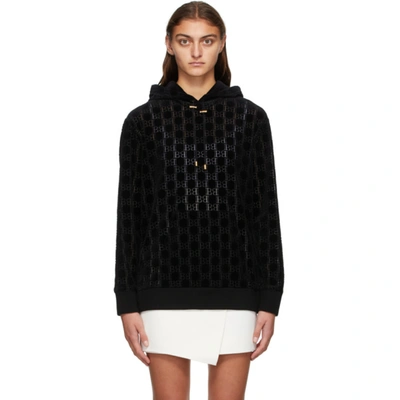 Balmain Velvet Monogram Pattern Hoodie In 0pa Black