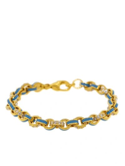 Buddha Mama 20kt Yellow Gold, Sky Blue Enamel And Pave Diamond Link Bracelet