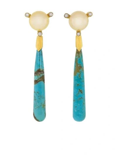Guita M 18kt Yellow Gold, Turquoise, South Sea Pearl And Diamond Earrings In Blue