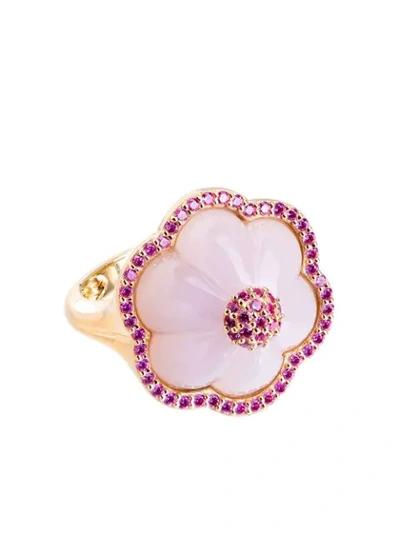 Guita M 18kt Yellow Gold, Carved Pink Chalcedony And Sapphire Ring In Purple