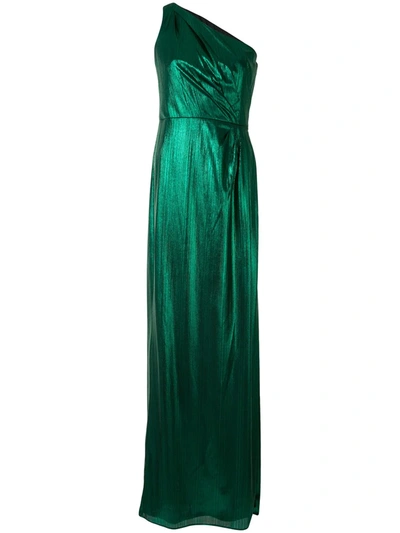 Marchesa Notte One Shoulder Metallic Gown With Side Slit In Green