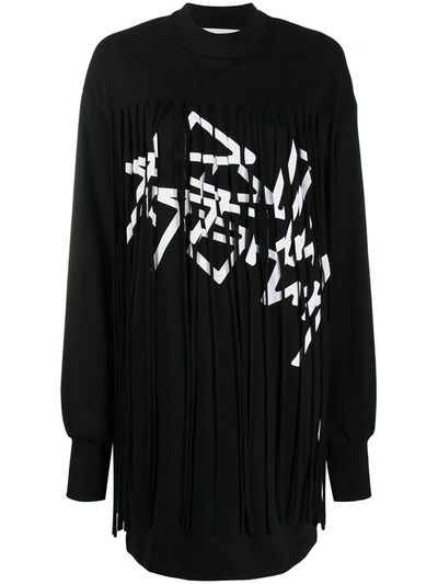Palm Angels Fringed Over Dress In Black Cotton